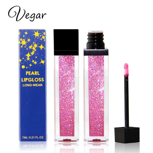 Vegar Marca Diamante Brilho Metalizado Batom Charme Longa Duração Tatuagem Líquido Batom Glitter Pó Lip Gloss