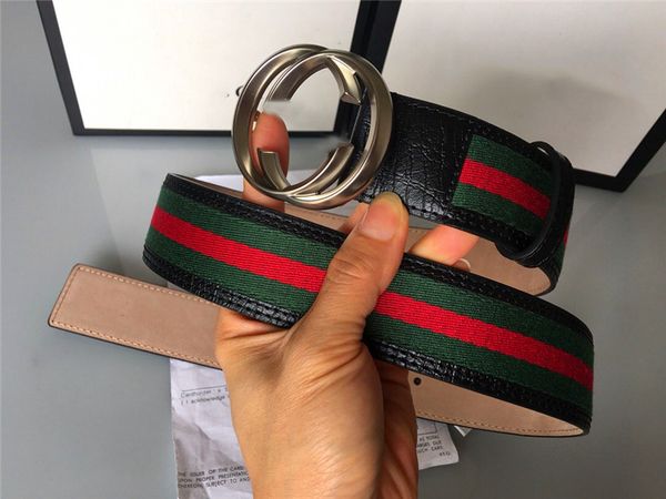 

модный дизайнер пояс аксессуары мужчины металл письмо пряжки 3.8 см двухцветные stripestriped ткани пояса высокое качество с большой коробке, Black;brown