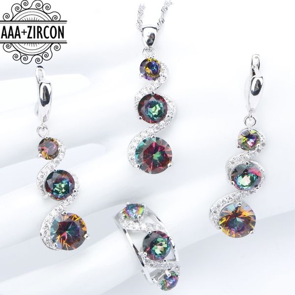 

magic rainbow silver 925 costume bridal jewelry sets women necklace&pendant earrings with stones rings set jewelery gift box