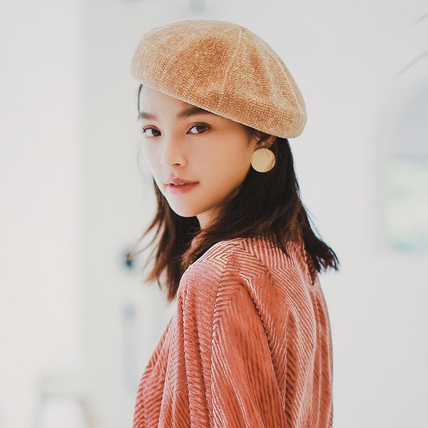 

la maxpa] 2018 new autumn winter warm solid chenille fashion female berets vintage beret for girls lady beanies, Blue;gray