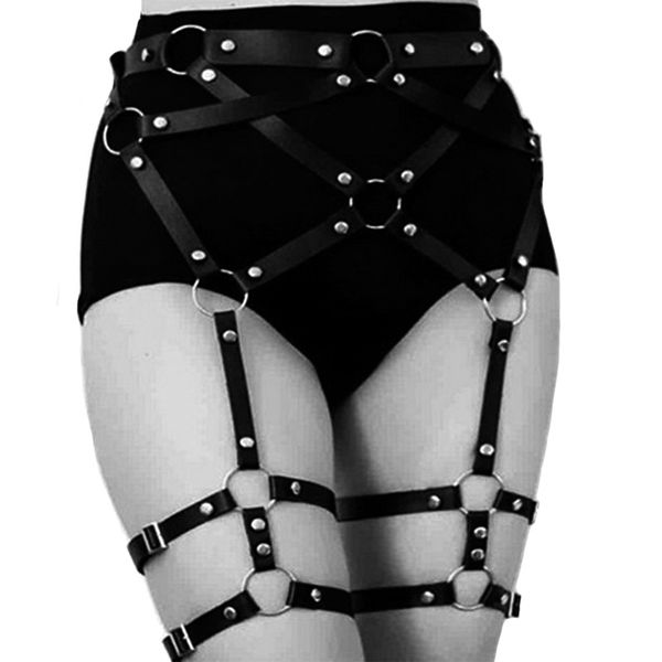

2018 new women harness body leather belts garters bondage belt punk strap o-ring waist leg adjustable suspender straps, Black;brown