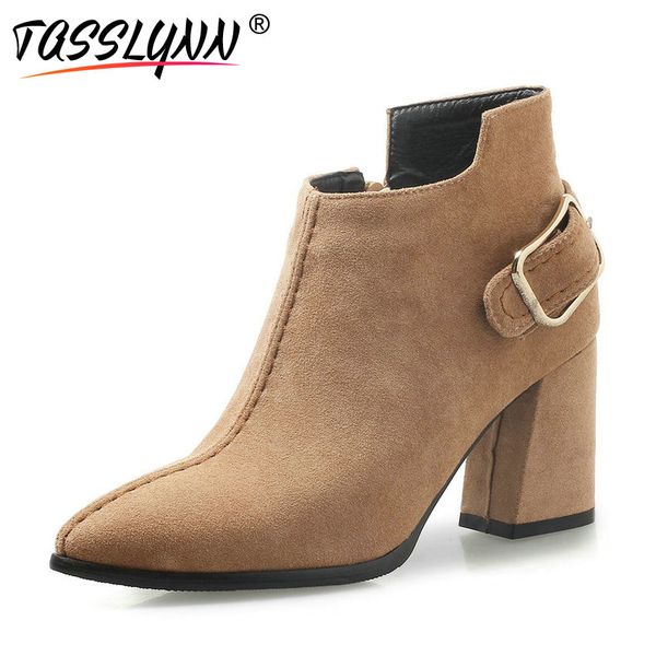 

tasslynn 2018 women zip convenient winter shoes pointed toe ankle boots fashion autumn square high heels ladies shoes size 34-43, Black