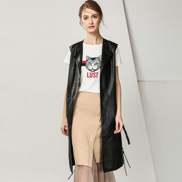 

pu leather vest for women with belt sleeveless women's vest long 2018 cardigans femme s m outwear femme overcoats black beige, Black;white