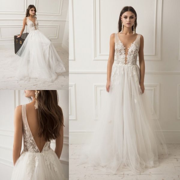 

lihi hod 2019 Beach Wedding Dresses A Line Boho Sheer V Neck Bridal Gowns Backless robe de mariée Lace Appliqued Long Wedding Dress