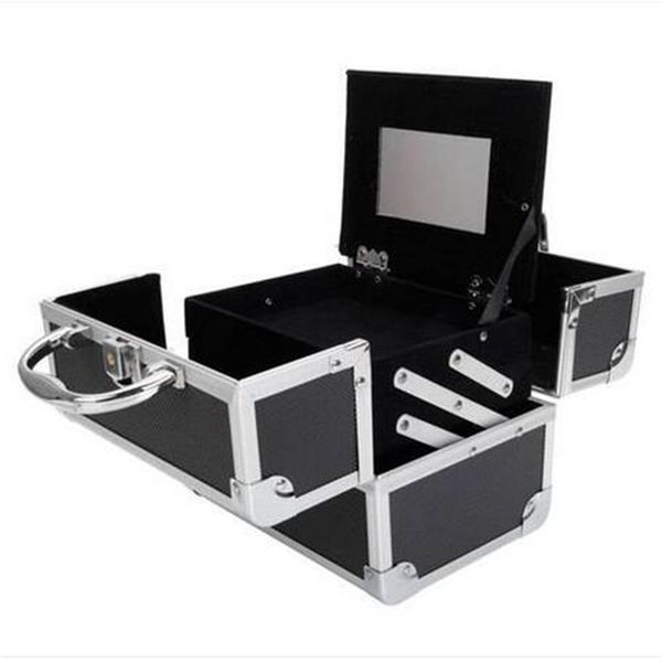 

fashion cosmetic bag portable diamond texture aluminum makeup storage bag with mirror & key black