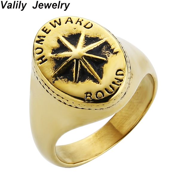 

valily man gold ring fashion new "homewaro round" desinger ring stainless steel rudder give direction band rings for women men, Golden;silver