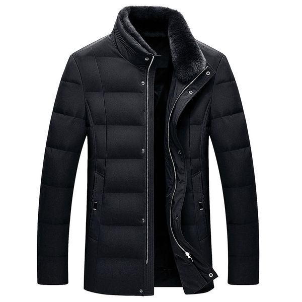 

men's stand collar 80 velvet down jacket business casual fur collar windproof jacket winter warm detachable fur collar coat, Black