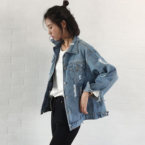 

jeans jacket women casacos feminino slim ripped holes denim jacket femme elegant vintage bomber 2018 basic coats, Black;brown