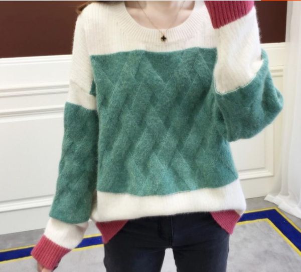 

send 2018 autumn and winter loose and comfortable blue patchwork thickening warm women's set head sweater, White;black