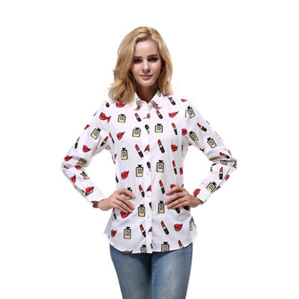 

New Trends Spring Fashion Women Blouses Shirts Women Lip Printed Long Sleeve Top Cotton Casual Ladies Blouse