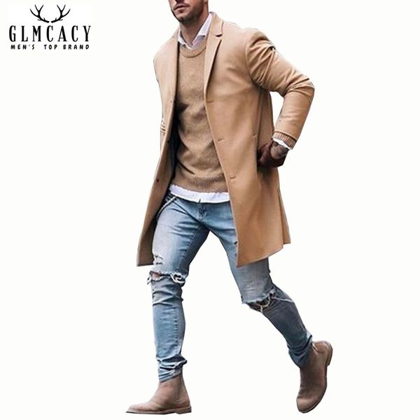 

men slim fit single breast trench coat wool blend business windbreaker overcoat male winter long jacket, Tan;black
