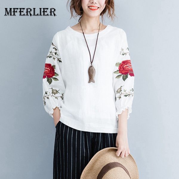 

mferlier women blouse o neck three quarter lantern sleeve flower embroidered ladies cotton linen white blouse