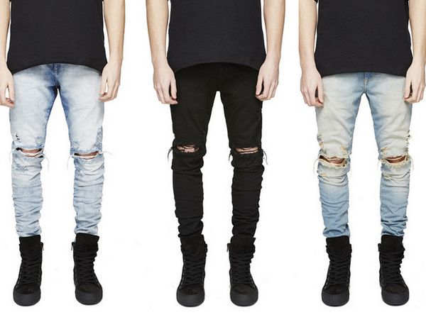

fashion slim straight mens jeans brand casual hole denim jeans ripped pockets homme plus size, Blue