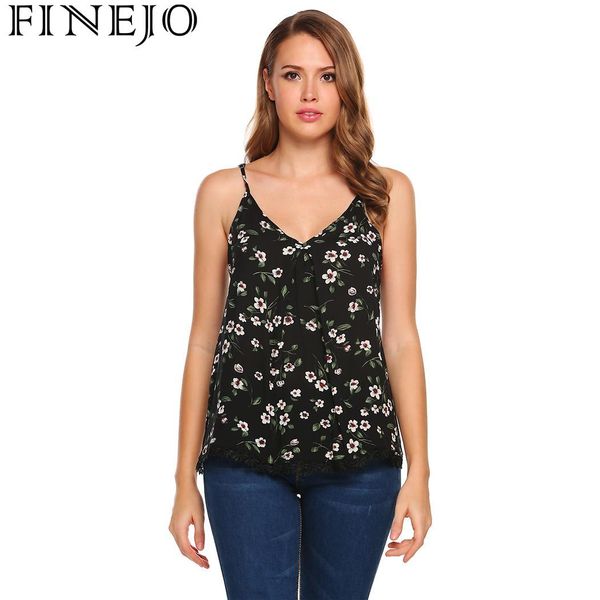 

finejo decor strap v-neck floral camis loose casual lace women, White