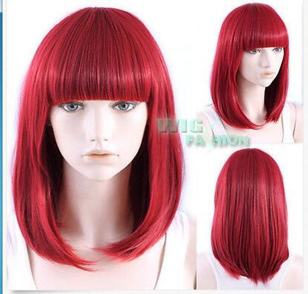 

43 cm heat resistant medium straight red fashion wig with bangs, Black;brown