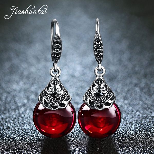 

jiashuntai retro 100% 925 sterling silver round garnet drop earrings for women natural red gemstone ruby fine jewelry gifts, Golden;silver