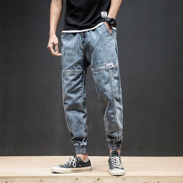 

2018 autumn and winter new youth fashion personality loose comfortable casual tide men's stitching japanese harlan beamed jeans, Blue