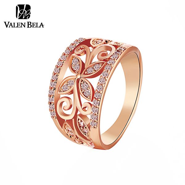 

valen bela rose gold flower cubic zirconia rings women size 6,7,8,9 female gold color wedding ring jewelry wholesale jz5167, Golden;silver