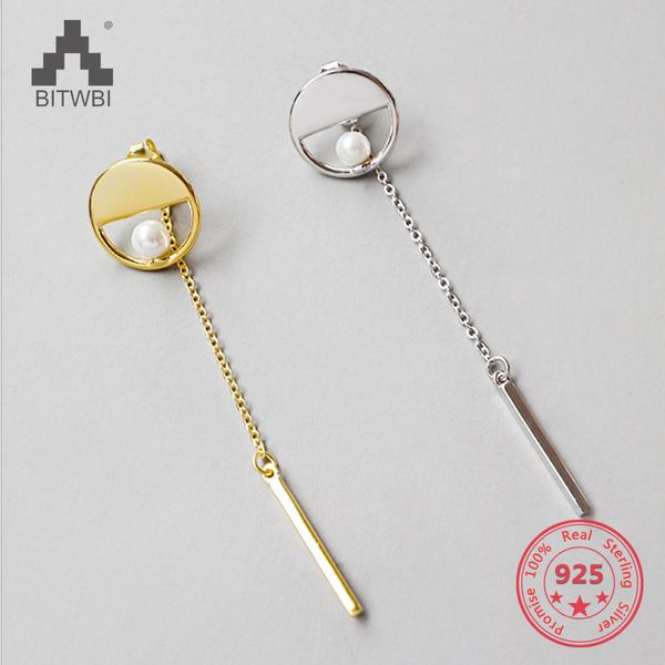 

elegant minimalist fashion geometric round pearl vertical strip tassel pendant long female 925 sterling silver earrings, Golden;silver