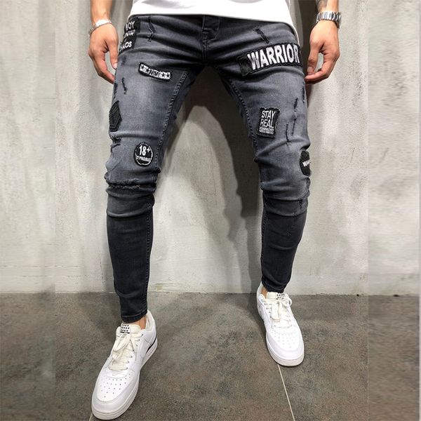 

diaooaid 2018 new fashion mens skinny black ripped slim fit stretch denim biker jeans male embroidered pencil trousers, Blue