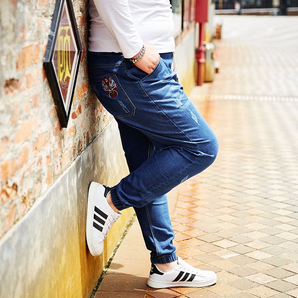 

2018 vintage mens hole slim fit stretch jeans deep/light blue distressed ripped skinny denim harem pants plus size -6xl 7xl 8xl
