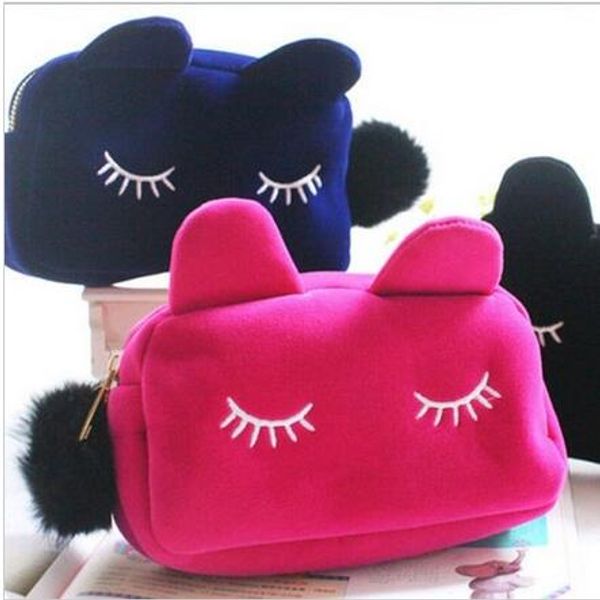 

cute flannel cosmetic makeup cartoon cat storage bags pen pencil pouch cases