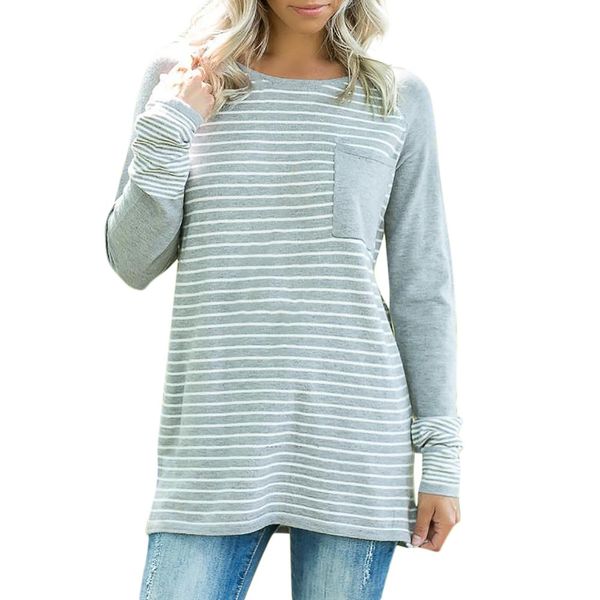 

vetement femme 2018 women's long sleeve o-neck stripe print blouse with pocket fashion shirt casual ladies blouses mujer, White
