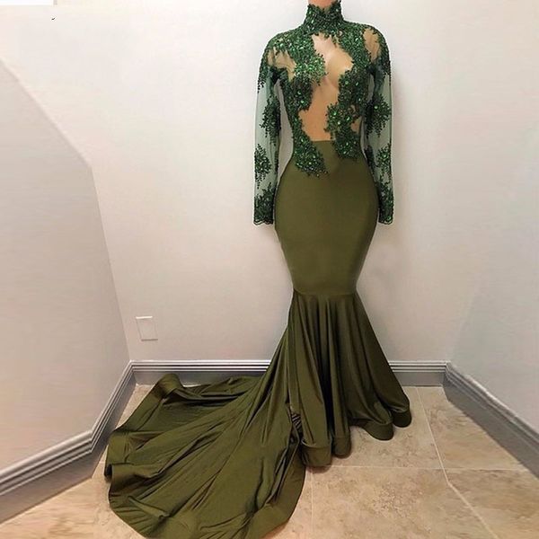 Abiti da ballo a sirena verde oliva Maniche lunghe Appliques in pizzo Collo alto con perline Abiti da festa trasparenti Abito da sera formale della Nigeria africana