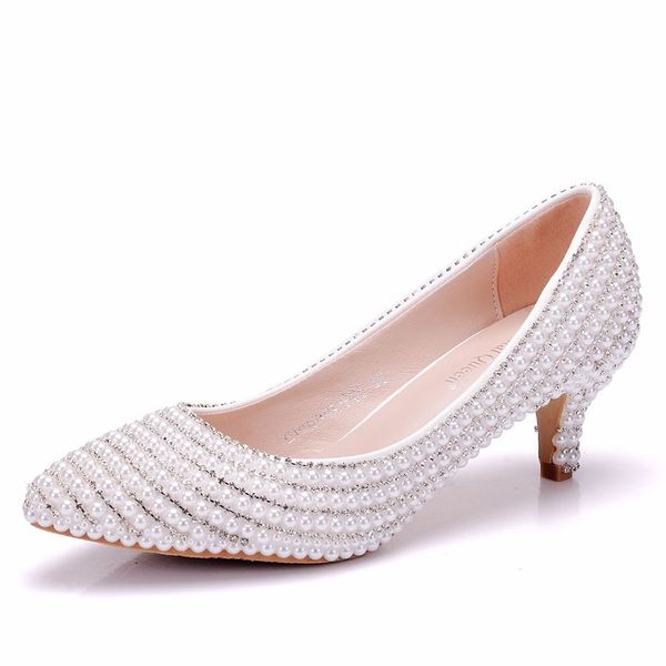 

new fashionl white rhinestone chain pointed toe shoes for women 5cm heels pearls wedding shoes thick heels elegant plus size, Black