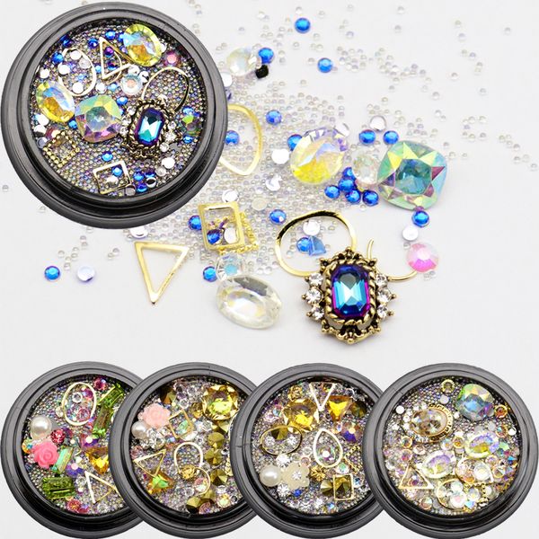 

holiday nails stud ab color crystal rhinestones multi-size gold rivet glass gems flowers metal manicure 3d nail art decoration, Silver;gold