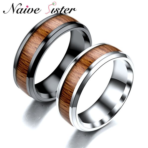 

romantic black engagement ring 316l stainless steel wood grain wedding band for women mens silver color love promise jewelry, Golden;silver
