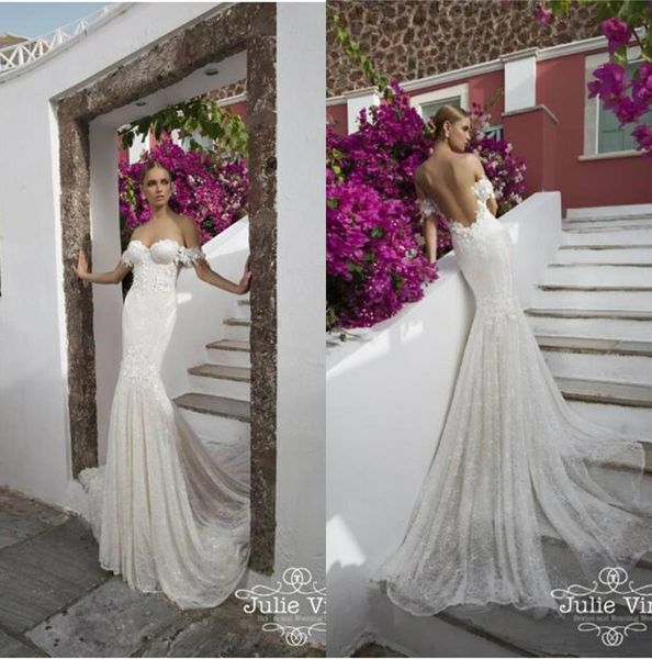 Julie Vino sexy Strand-Meerjungfrau-Brautkleider schulterfrei, rückenfrei, Strand-Brautkleider, maßgeschneidertes Boho-Hochzeitskleid