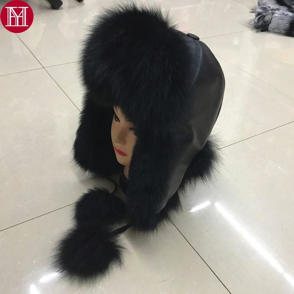 

2018 women natural real fur hat winter ushanka bomber cap russia snow wind thick warm fur with real sleepskin leather caps, Blue;gray