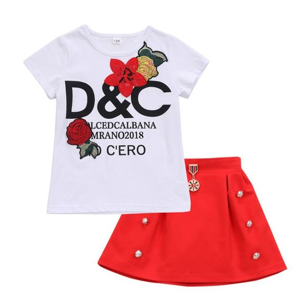 

new design children girls sets fashion patchwork flowers pattern t-shirt + skirt suits clothing for girls summer wear, White