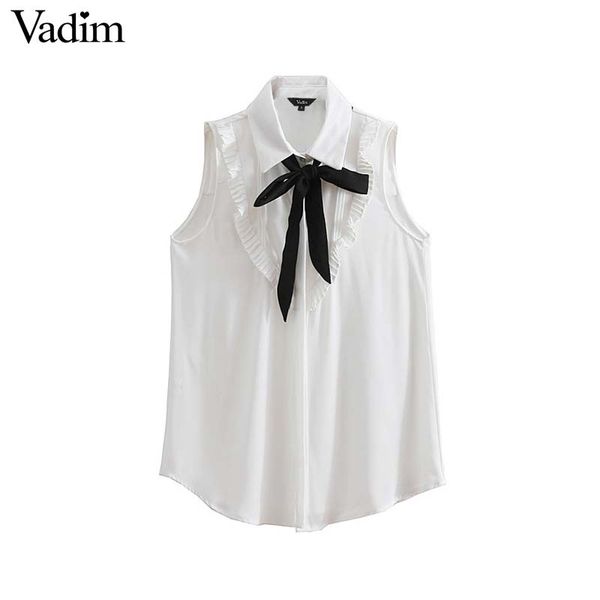 

vadim women ruffled chiffon blouses bow tie collar sleeveless see through shirts ladies white office wear blusas wa100