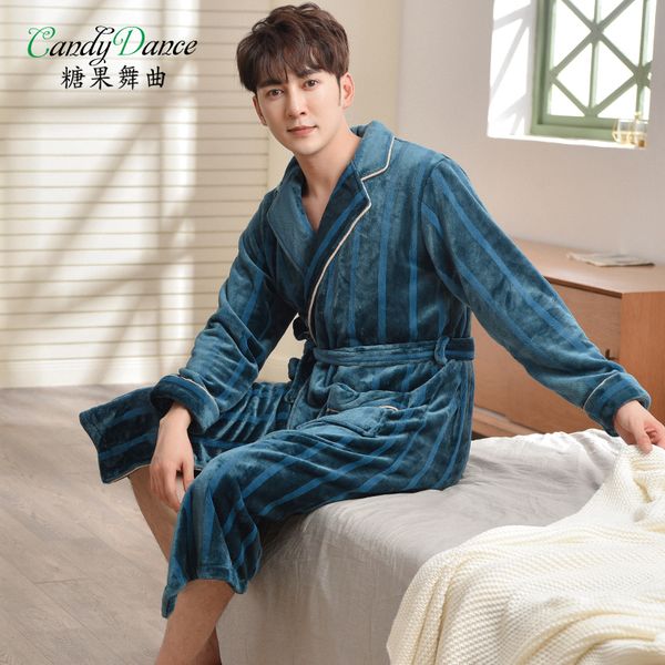 

men's autumn and winter flannel robes thickening thermal coral fleece soft warm bathrobes plus size sleepwear house coat spawear, Black;brown