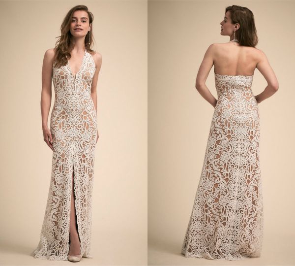 Bhldn Meerjungfrau-Brautkleid, Spitze, bodenlang, tiefer V-Ausschnitt, Strand-Brautkleid, vorne geschlitzt, Übergröße, Champagner-Brautkleid