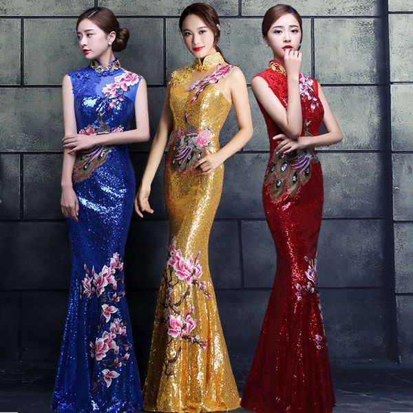 

red chinese wedding dress female long cheongsam gold slim chinese traditional dress women qipao for wedding party embroidery