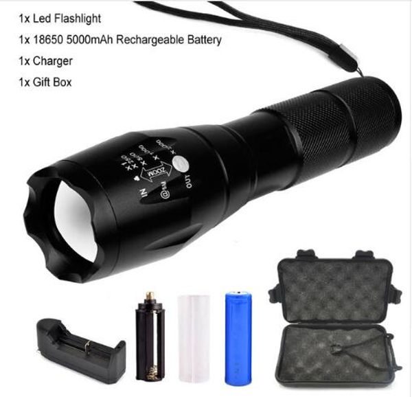 

big promotion ultra bright cree xm-l t6 led flashlight 5 modes 4000 lumens zoomable led torch 18650 battery + charger + clip 233