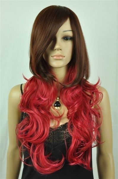 

new brown red mix long curly cosplay wig, Black