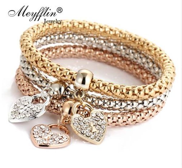 

3pcs set crystal bracelets & bangles gold wrap charm bracelets femme for women men fashion jewelry multilayer bijoux, Golden;silver