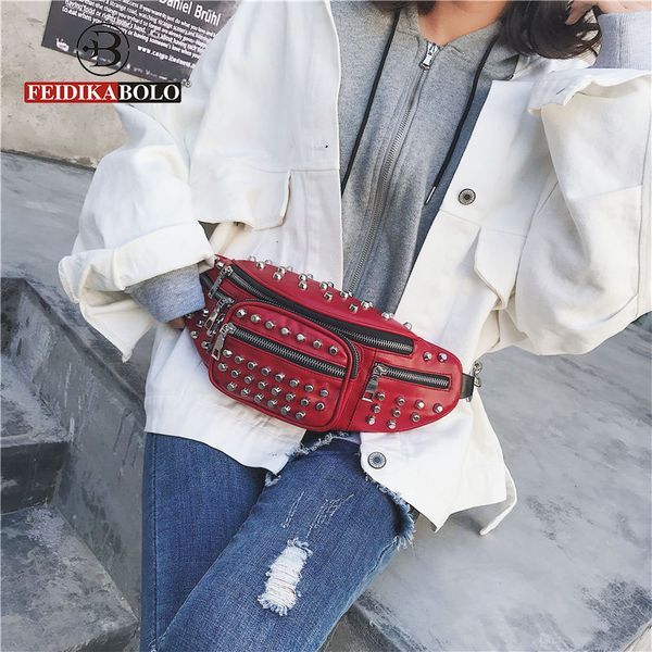 

feidikabolo brand pu leather waist bag women purse and waist bags for women 2018 bag belt rivet female pack men