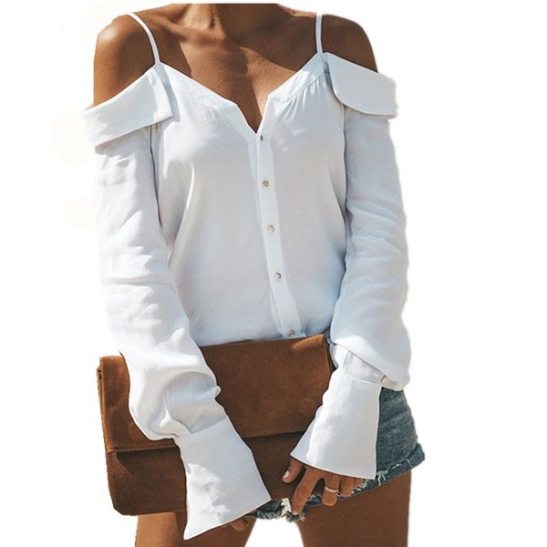 

2018 autumn elegant office lady blouse women flare sleeve cold shoulder spaghetti straps shirts chemise femme manche longue, White
