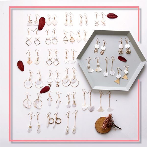 

27 types woman dangle earrings 1 pair ear hook shell mussel design wedding girl gift fashion jewelry white simple alloy pendant, Silver