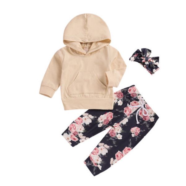 

baby girls long sleeve hooded floral pants headband cotton warm cute clothing set infant baby girls clothes sets 0-24m, White