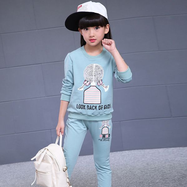 

girls' cartoon long sleeve +long pant trousers spring and autumn clothes set for girls blue pink 4-12 ages ing, White