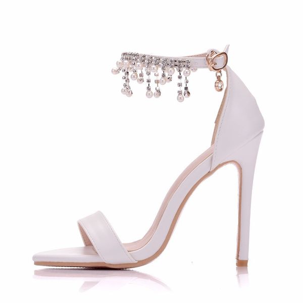 

new summer crystal open toe shoes for women super high heels fashion beading stiletto heel wedding shoes ankle strip bridal sandals, Black