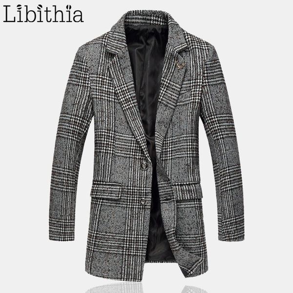 

mens plaid long slim fit blends coat two buttons winter plus size 5xl blazer collar england style clothes male coffee green k102, Black