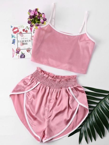 

zaful women suit pink crop with binding high cut ruffle shorts two pieces set casual sleeveless two piece women sets outfits, White