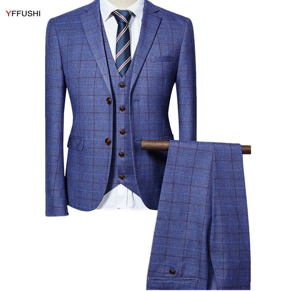 YFFUSHI 2017 Men Suit Men Grey Black Navy Classic Plaid Design Tuxedo Wedding Suits for England Style Slim Fit